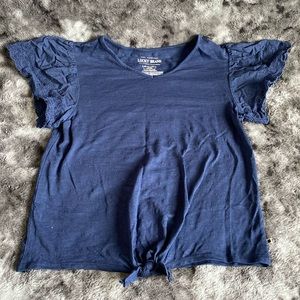 The Original Lucky Brand Navy Knot Top with Eyelet Lace Flutter Sleeves Girls L